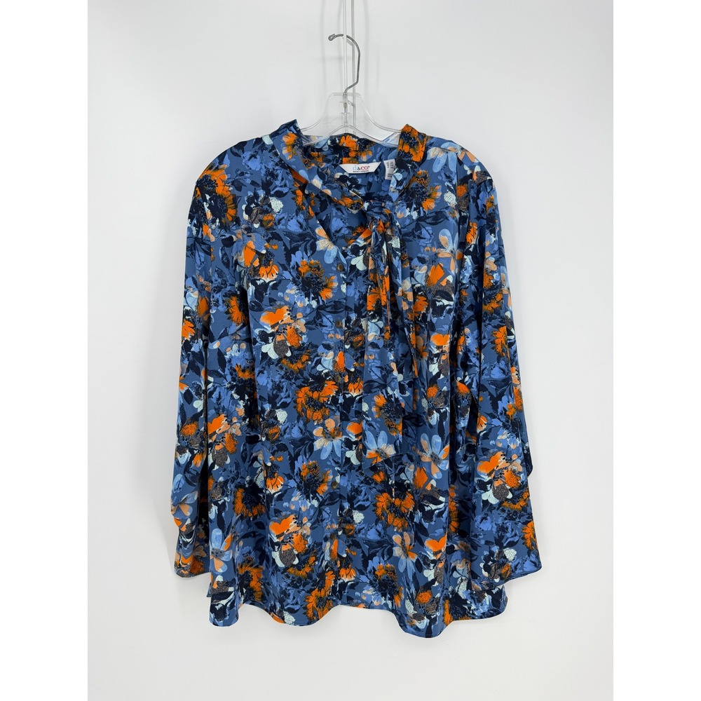 Denim & Co Blouse Womens 2X Blue Orange Floral Tie Neck Button Up Tunic Boho